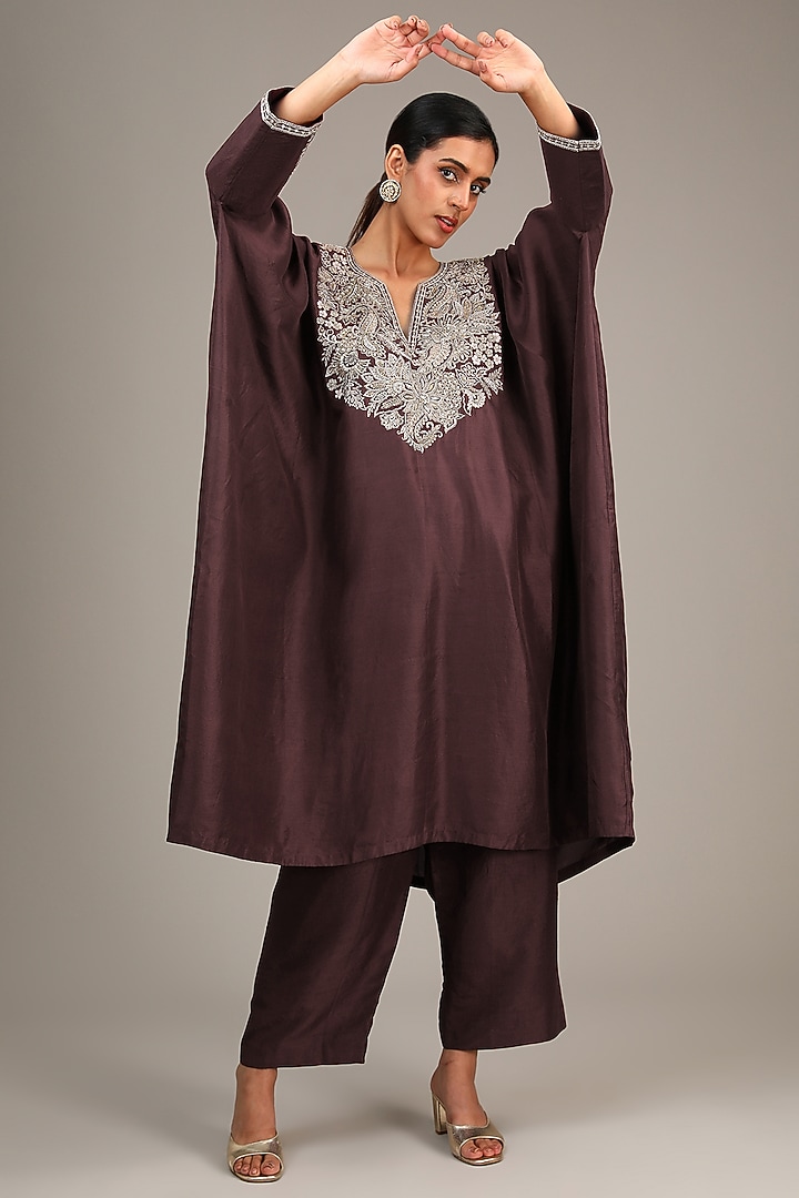 Brown Pure Silk Pearl & Zardosi Embroidered Kurta Set by Mrunalini Rao at Pernia's Pop Up Shop