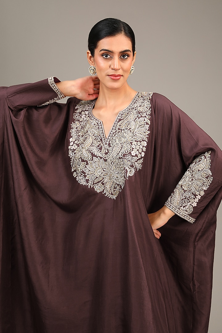 Brown Pure Silk Pearl & Zardosi Embroidered Kurta Set by Mrunalini Rao at Pernia's Pop Up Shop