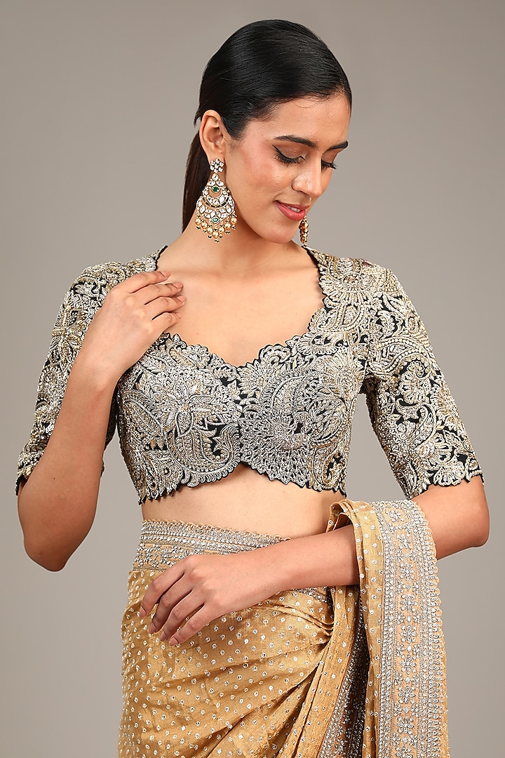 Gold Tissue Zardosi Embroidered Bridal Saree Set by Mrunalini Rao at Pernia's Pop Up Shop