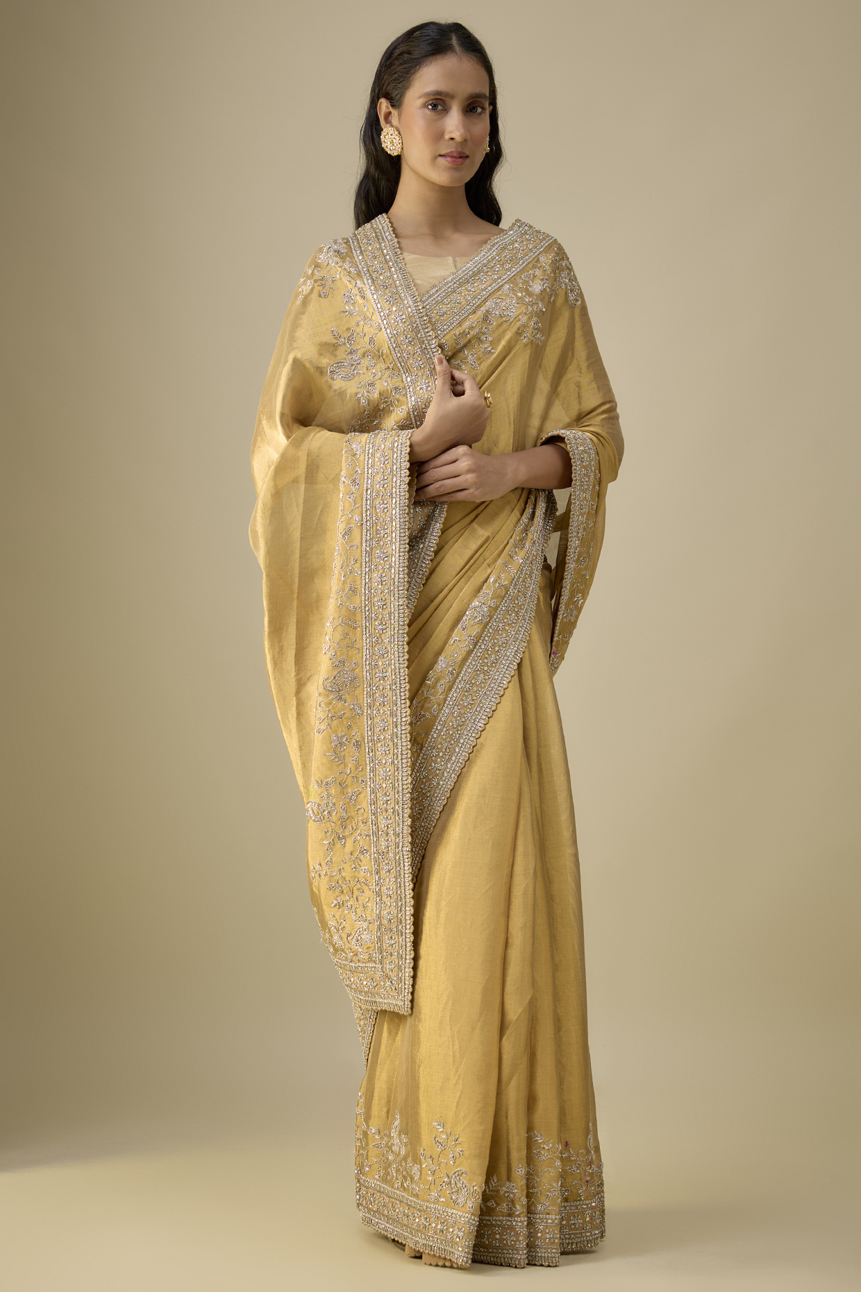 Gold Kanchi Tissue Hand Embroidered Bridal Saree by Mrunalini Rao at Pernia's Pop Up Shop