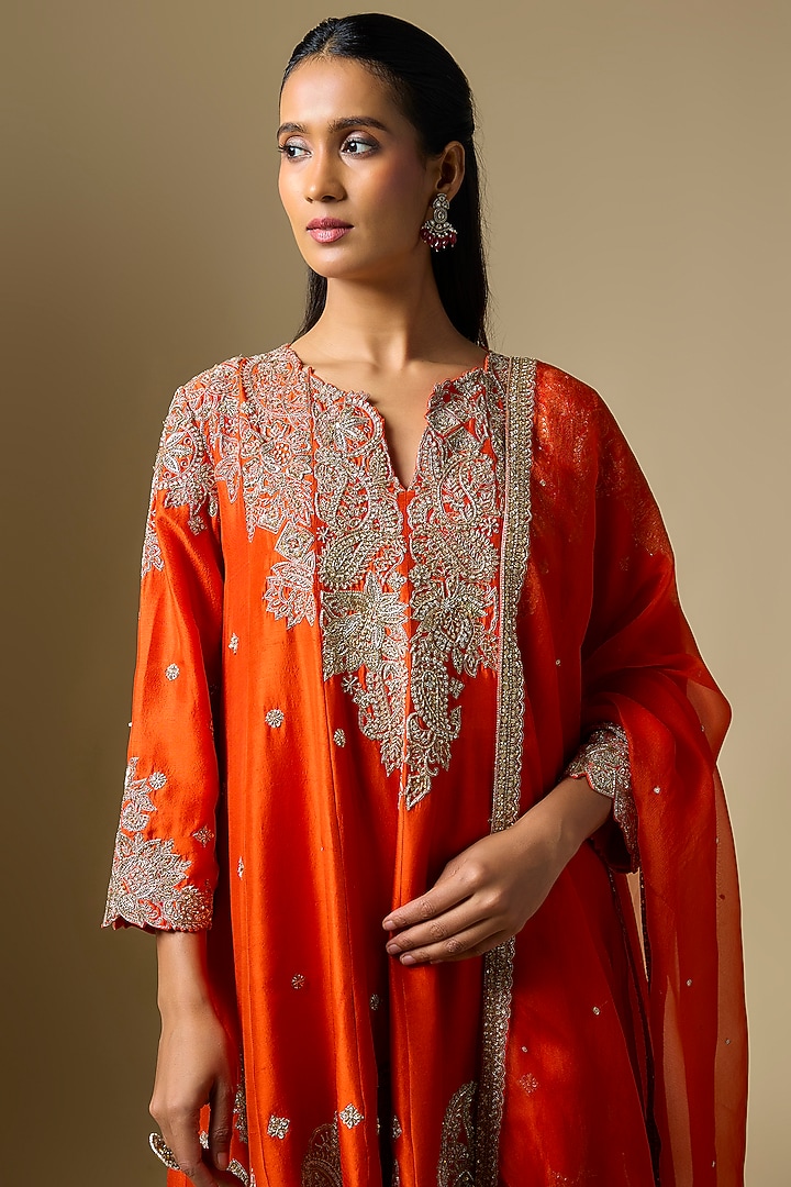 Orange Pure Silk Zardosi Hand Embroidered Kurta Set by Mrunalini Rao at Pernia's Pop Up Shop