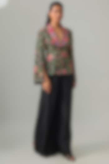 Black Raw Silk Resham Embroidered Jacket Set by Mrunalini Rao at Pernia's Pop Up Shop