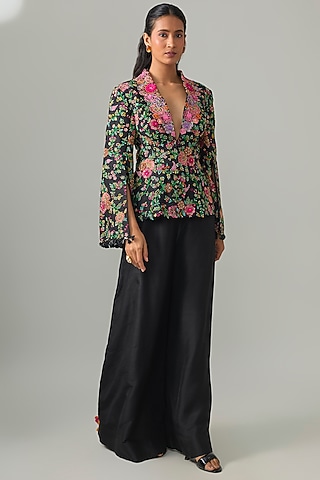 Black Raw Silk Resham Embroidered Jacket Set by Mrunalini Rao