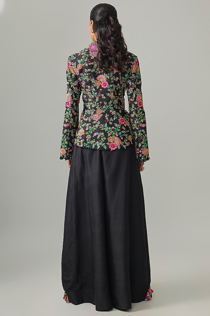 Black Raw Silk Resham Embroidered Jacket Set by Mrunalini Rao at Pernia's Pop Up Shop