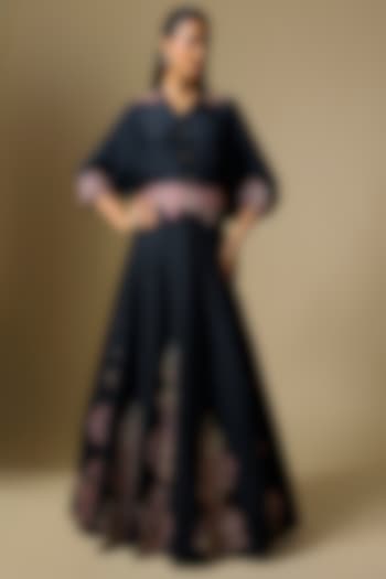 Black Raw Silk Resham & Zardosi Embroidered Skirt Set by Mrunalini Rao at Pernia's Pop Up Shop