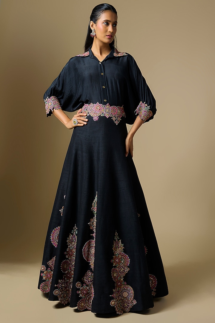 Black Raw Silk Resham & Zardosi Embroidered Skirt Set by Mrunalini Rao at Pernia's Pop Up Shop