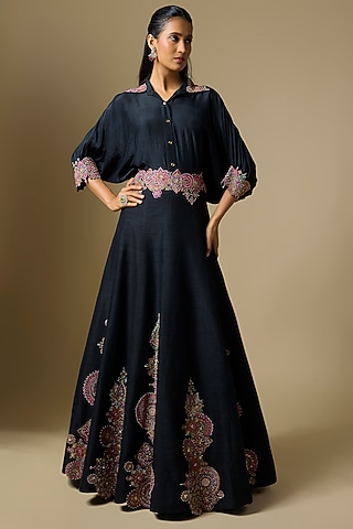 Black Raw Silk Resham & Zardosi Embroidered Skirt Set by Mrunalini Rao