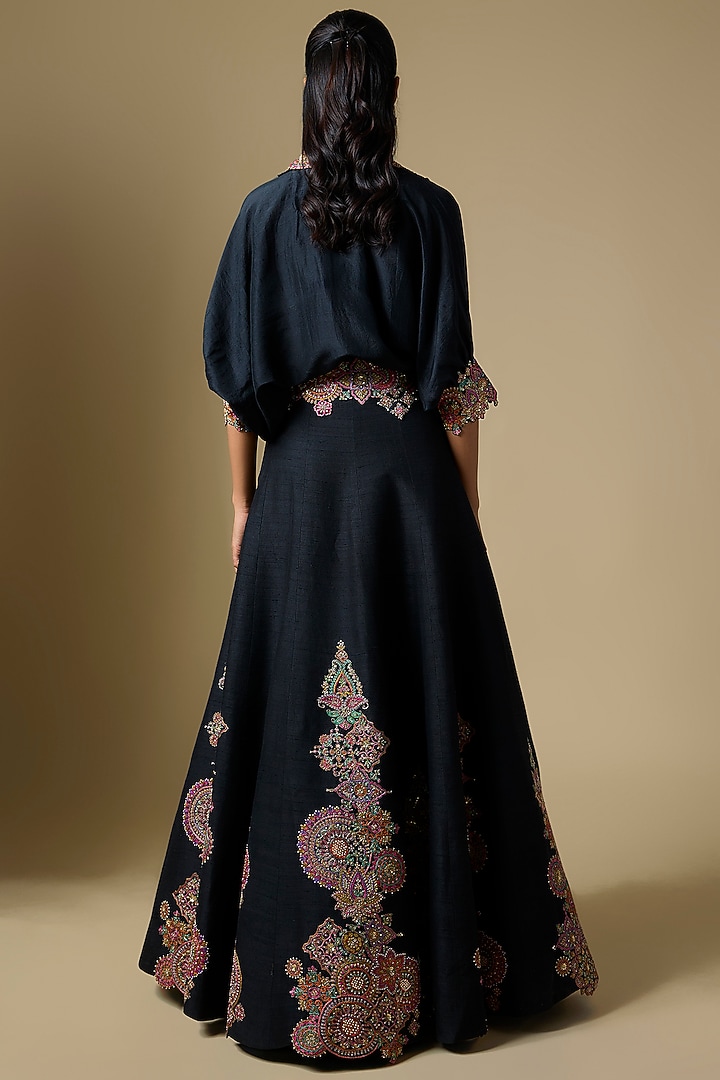 Black Raw Silk Resham & Zardosi Embroidered Skirt Set by Mrunalini Rao at Pernia's Pop Up Shop