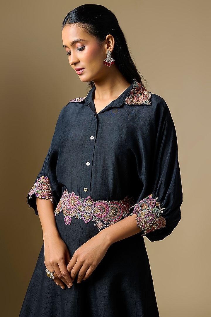 Black Raw Silk Resham & Zardosi Embroidered Skirt Set by Mrunalini Rao at Pernia's Pop Up Shop