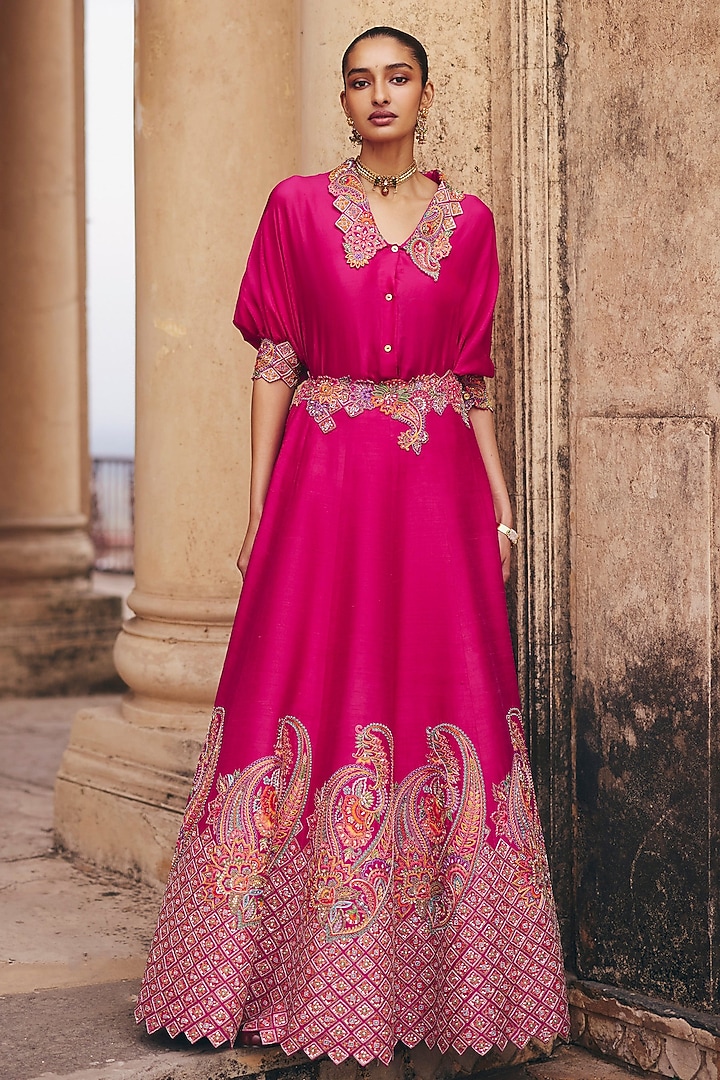 Hot Pink Raw Silk Zardosi Embroidered Skirt Set by Mrunalini Rao at Pernia's Pop Up Shop