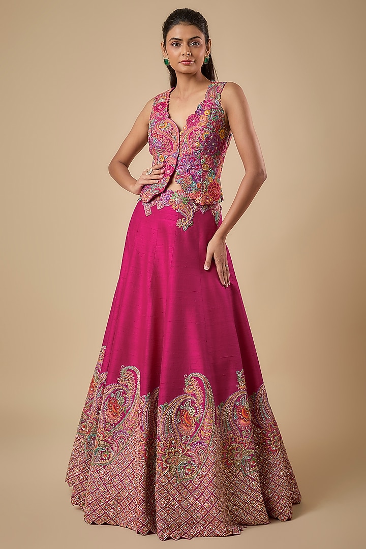 Hot Pink Raw Silk Zardosi Embroidered Bridal Lehenga Set by Mrunalini Rao at Pernia's Pop Up Shop