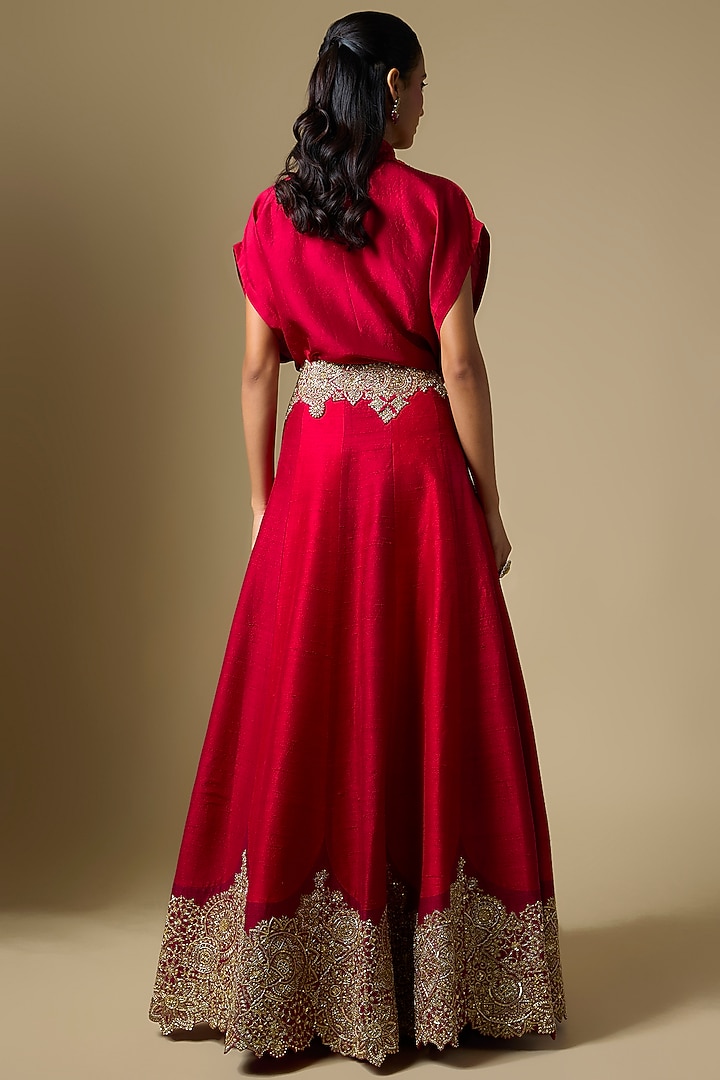 Maroon Raw Silk Zardosi Embroidered Skirt Set by Mrunalini Rao at Pernia's Pop Up Shop