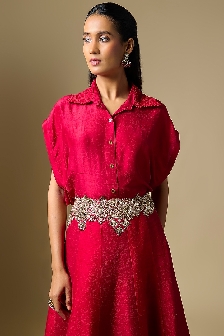 Maroon Raw Silk Zardosi Embroidered Skirt Set by Mrunalini Rao at Pernia's Pop Up Shop