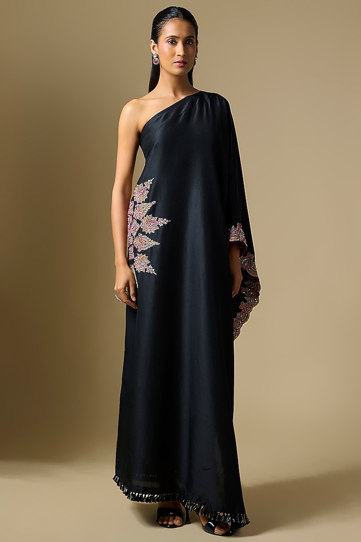 Black Silk One Shoulder Kaftan by Mrunalini Rao at Pernia's Pop Up Shop