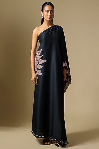 Black Silk One Shoulder Kaftan by Mrunalini Rao