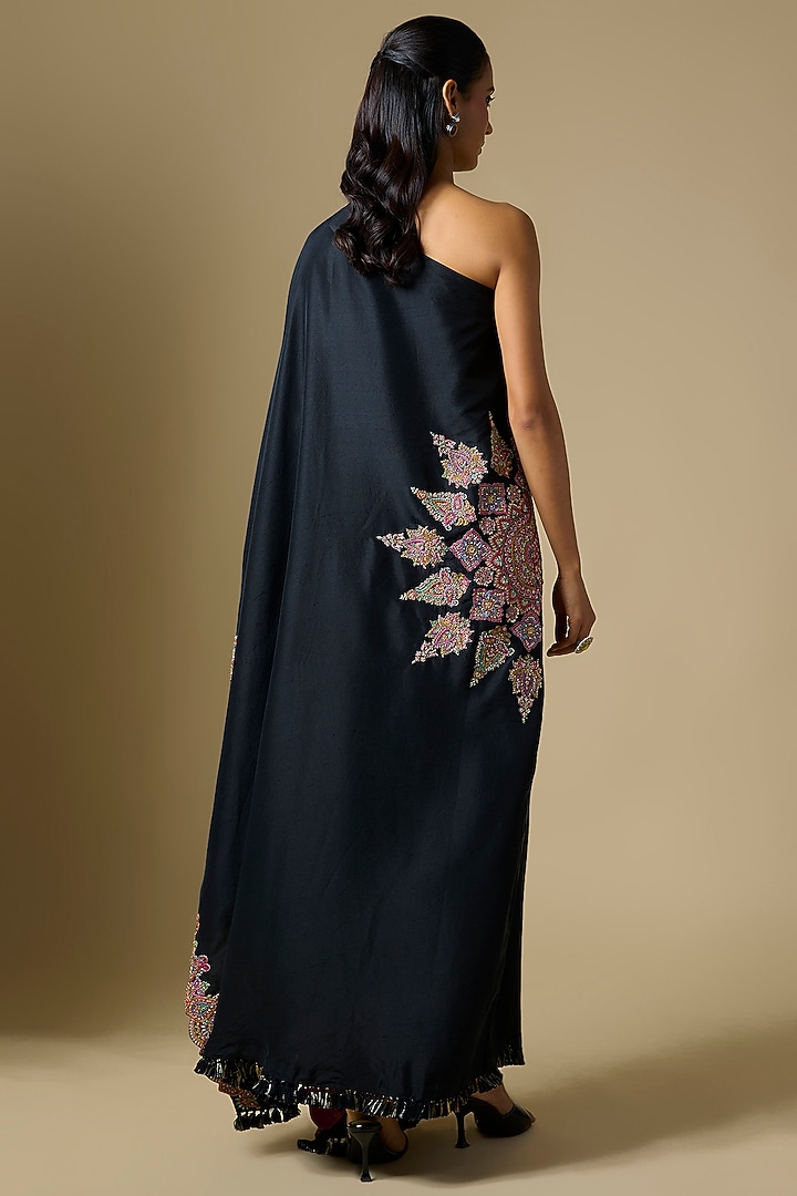 Black Silk One Shoulder Kaftan by Mrunalini Rao at Pernia's Pop Up Shop
