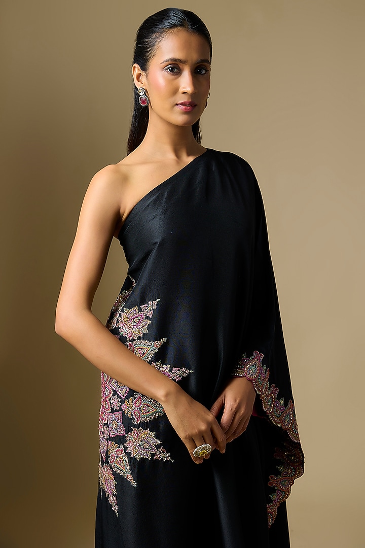 Black Silk One Shoulder Kaftan by Mrunalini Rao at Pernia's Pop Up Shop