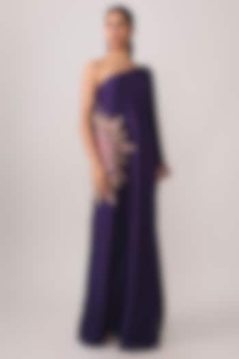 Deep Purple Silk Motif Embroidered One-Shoulder Kaftan by Mrunalini Rao at Pernia's Pop Up Shop