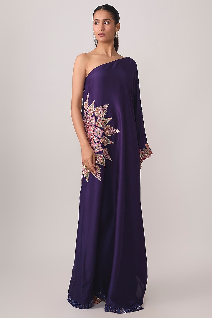 Deep Purple Silk Motif Embroidered One-Shoulder Kaftan by Mrunalini Rao at Pernia's Pop Up Shop