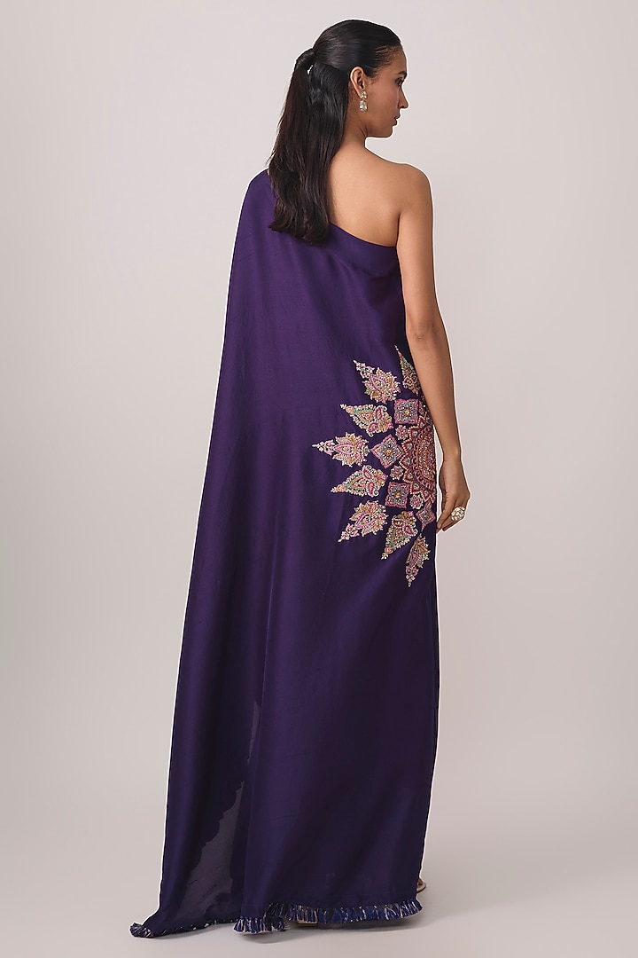 Deep Purple Silk Motif Embroidered One-Shoulder Kaftan by Mrunalini Rao at Pernia's Pop Up Shop