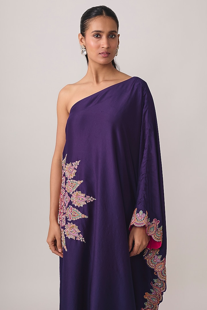 Deep Purple Silk Motif Embroidered One-Shoulder Kaftan by Mrunalini Rao at Pernia's Pop Up Shop