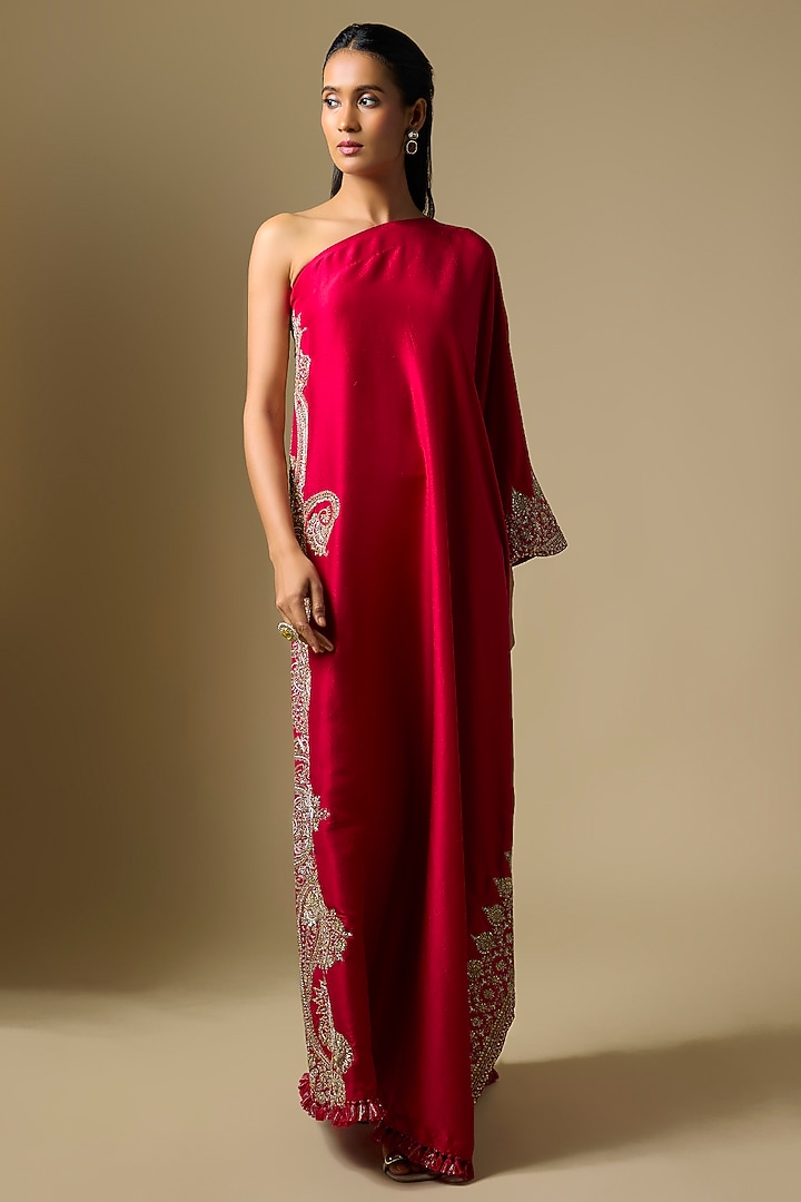 Red Silk One Shoulder Kaftan by Mrunalini Rao at Pernia's Pop Up Shop