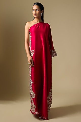 Red Silk One Shoulder Kaftan by Mrunalini Rao