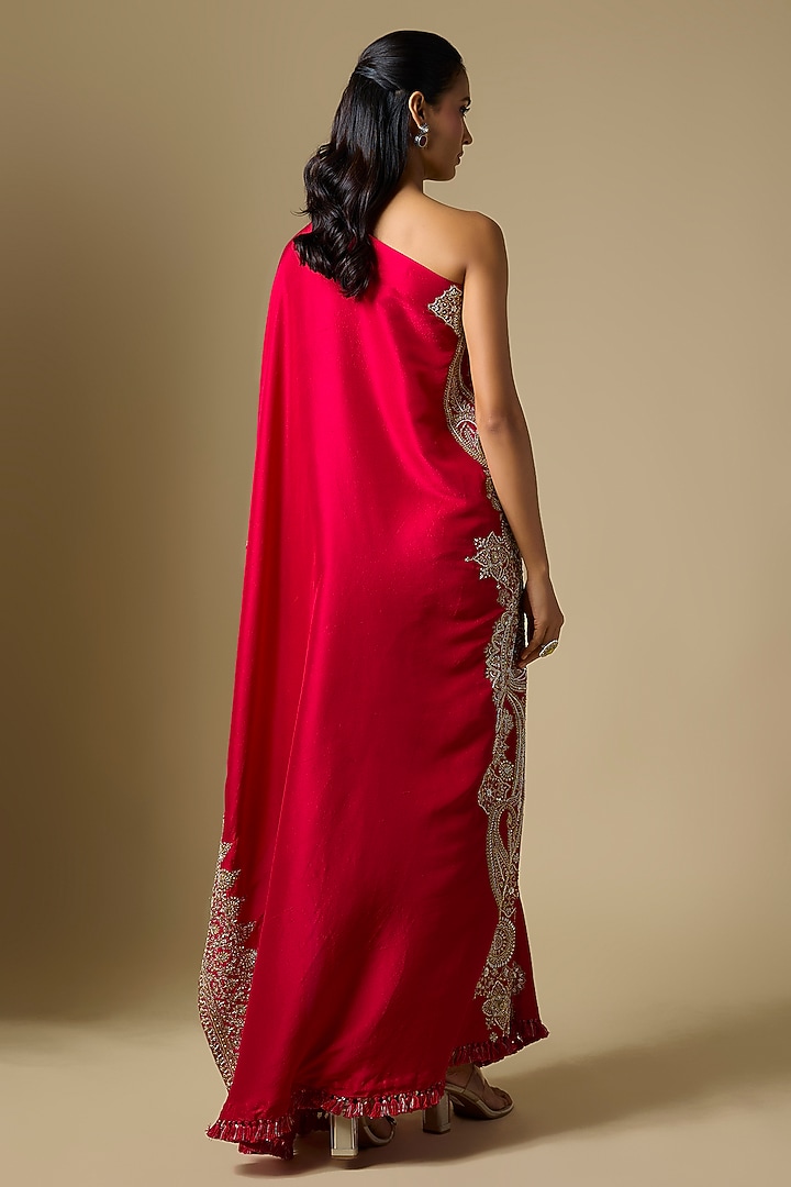 Red Silk One Shoulder Kaftan by Mrunalini Rao at Pernia's Pop Up Shop