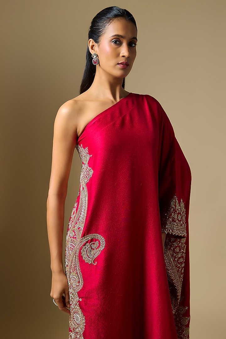 Red Silk One Shoulder Kaftan by Mrunalini Rao at Pernia's Pop Up Shop