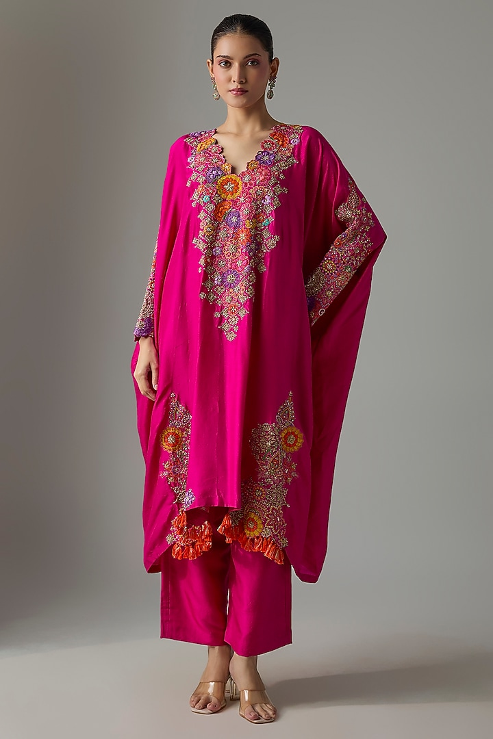 Fuchsia Pink Silk Resham & Zardosi Embroidered Kurta Set by Mrunalini Rao at Pernia's Pop Up Shop