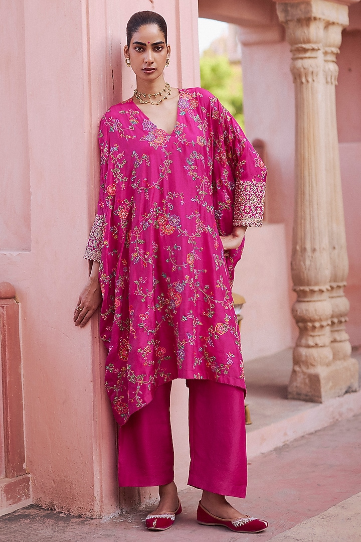 Fuschia Pink Silk Zardosi Embroidered Kurta Set by Mrunalini Rao at Pernia's Pop Up Shop