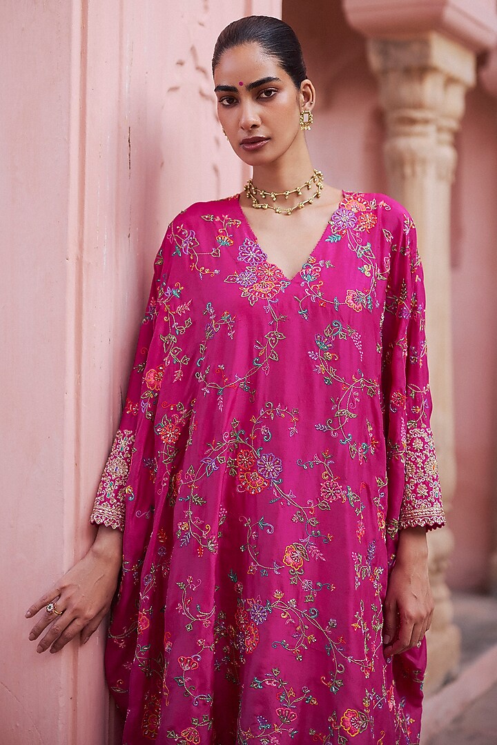 Fuschia Pink Silk Zardosi Embroidered Kurta Set by Mrunalini Rao at Pernia's Pop Up Shop