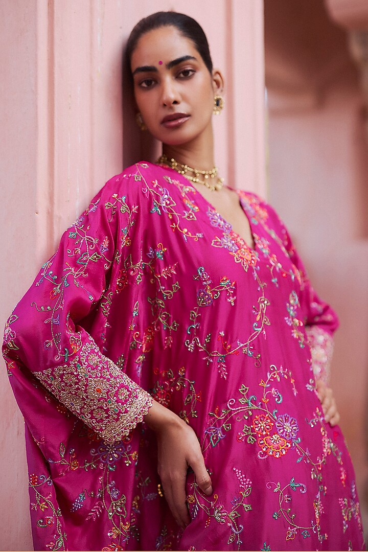 Fuschia Pink Silk Zardosi Embroidered Kurta Set by Mrunalini Rao at Pernia's Pop Up Shop