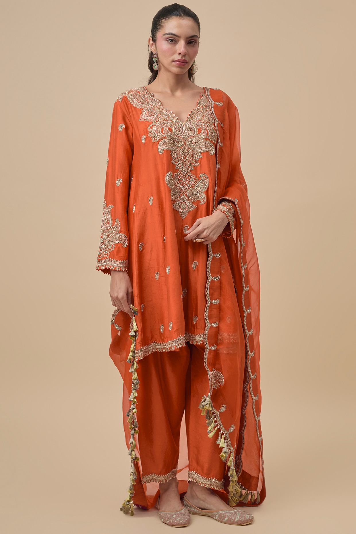 Mrunalini Rao Orange Silk Zardosi Embroidered Short Anarkali Set