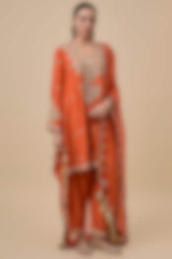 Orange Silk Zardosi Embroidered Short Bridal Anarkali Set by Mrunalini Rao at Pernia's Pop Up Shop