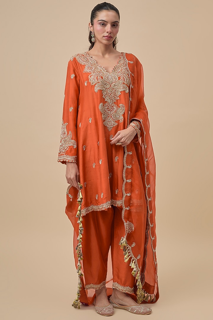 Orange Silk Zardosi Embroidered Short Bridal Anarkali Set by Mrunalini Rao at Pernia's Pop Up Shop