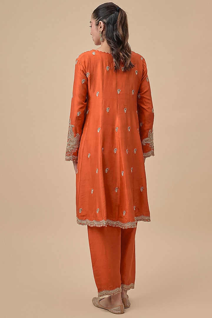 Orange Silk Zardosi Embroidered Short Bridal Anarkali Set by Mrunalini Rao at Pernia's Pop Up Shop