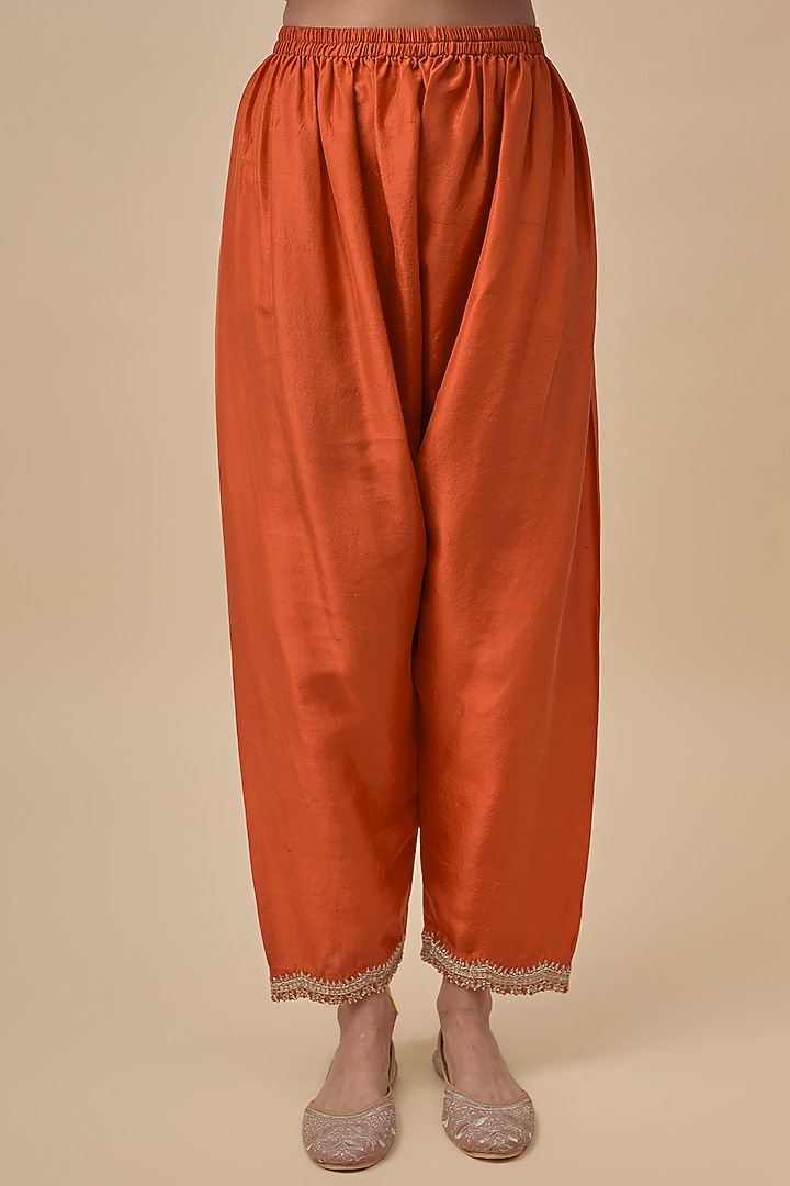 Orange Silk Zardosi Embroidered Short Bridal Anarkali Set by Mrunalini Rao at Pernia's Pop Up Shop