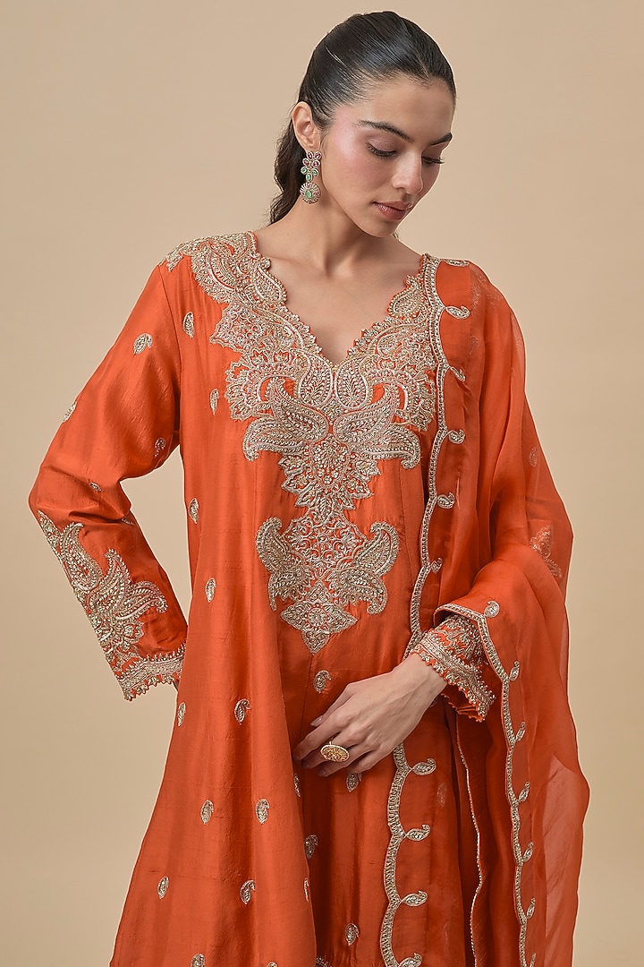 Orange Silk Zardosi Embroidered Short Bridal Anarkali Set by Mrunalini Rao at Pernia's Pop Up Shop