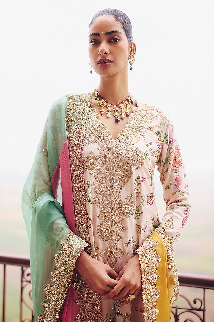 Ivory Silk Zardosi Embroidered Straight Kurta Set by Mrunalini Rao at Pernia's Pop Up Shop