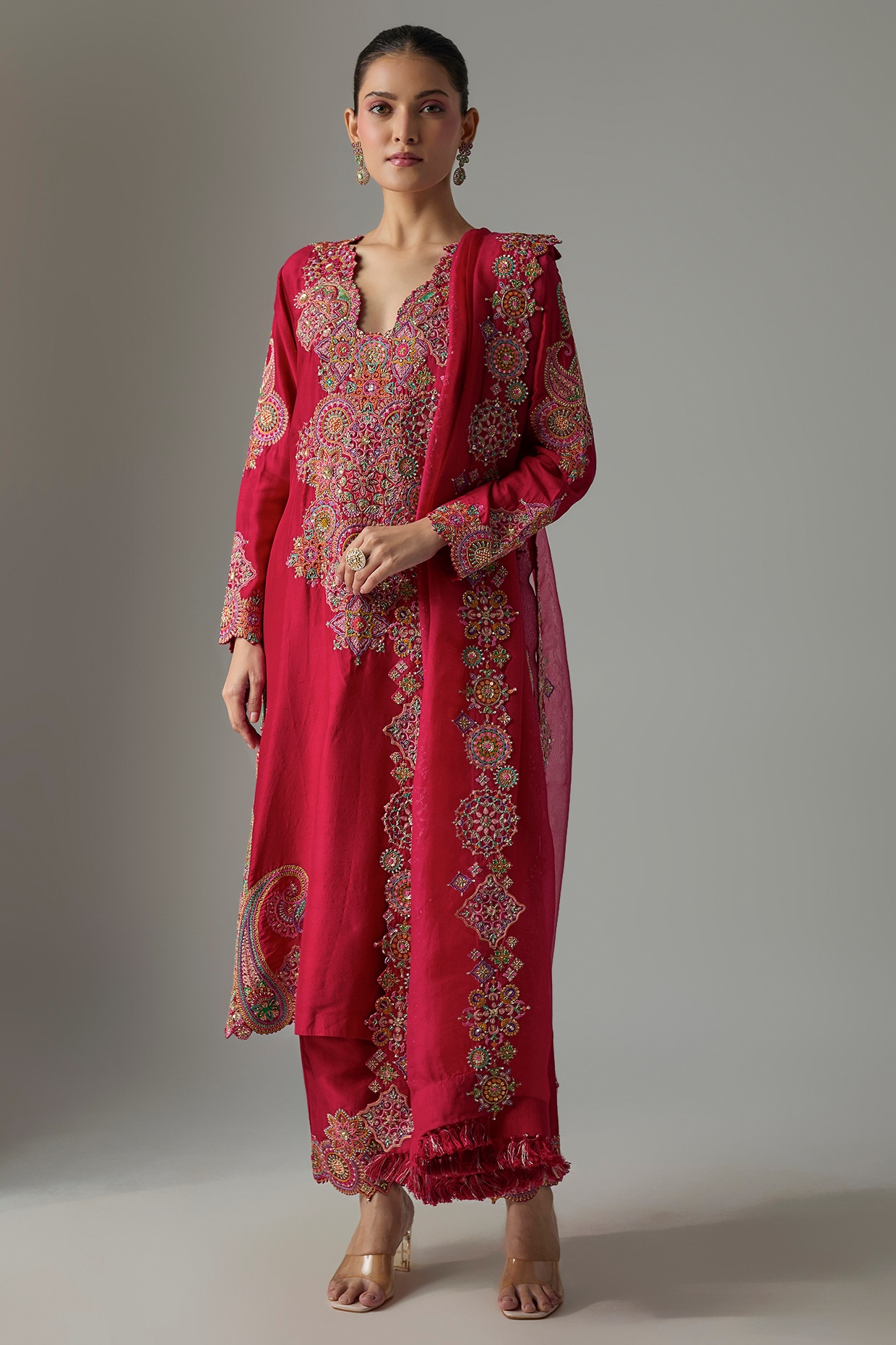 Mrunalini Rao Red Silk Resham & Zardosi Embroidered Kurta Set
