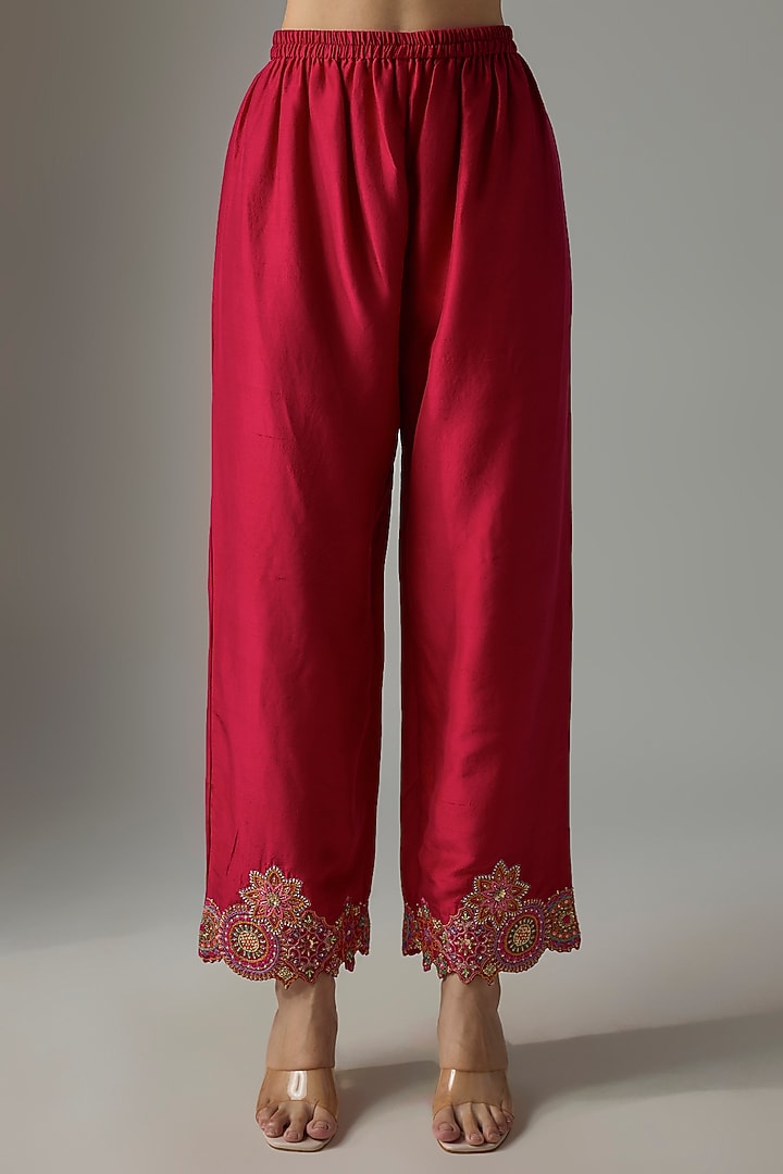 Red Silk Resham & Zardosi Embroidered Kurta Set by Mrunalini Rao at Pernia's Pop Up Shop