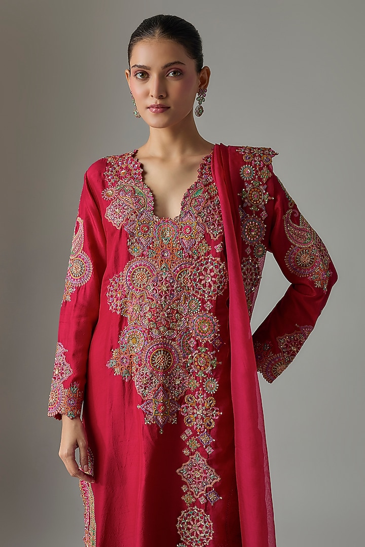 Red Silk Resham & Zardosi Embroidered Kurta Set by Mrunalini Rao at Pernia's Pop Up Shop