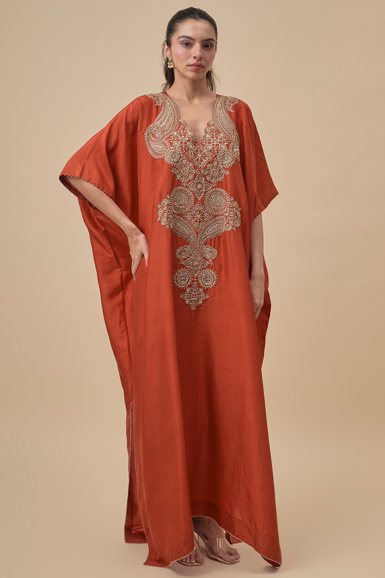 Mrunalini Rao Burnt Orange Silk Zardosi Embroidered Kaftan