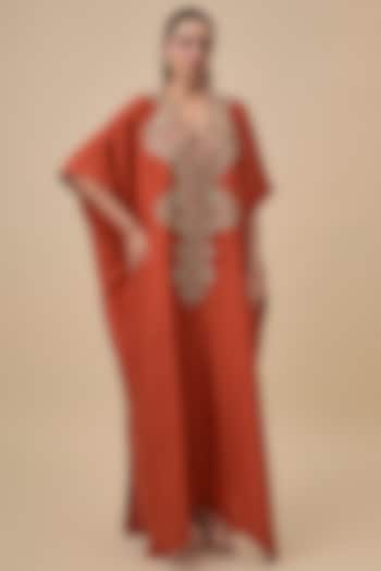 Burnt Orange Silk Zardosi Embroidered Kaftan by Mrunalini Rao at Pernia's Pop Up Shop