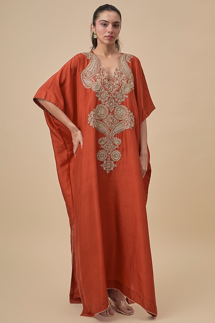 Burnt Orange Silk Zardosi Embroidered Kaftan by Mrunalini Rao at Pernia's Pop Up Shop