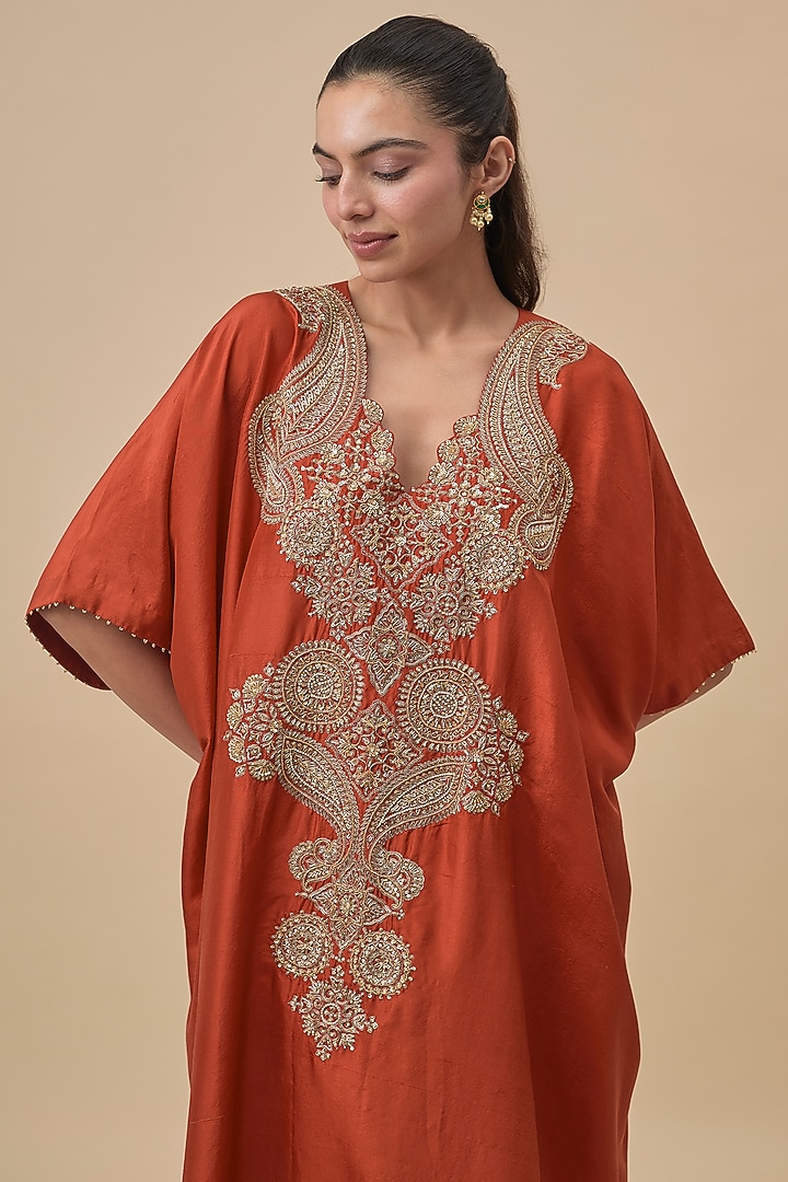 Burnt Orange Silk Zardosi Embroidered Kaftan by Mrunalini Rao at Pernia's Pop Up Shop