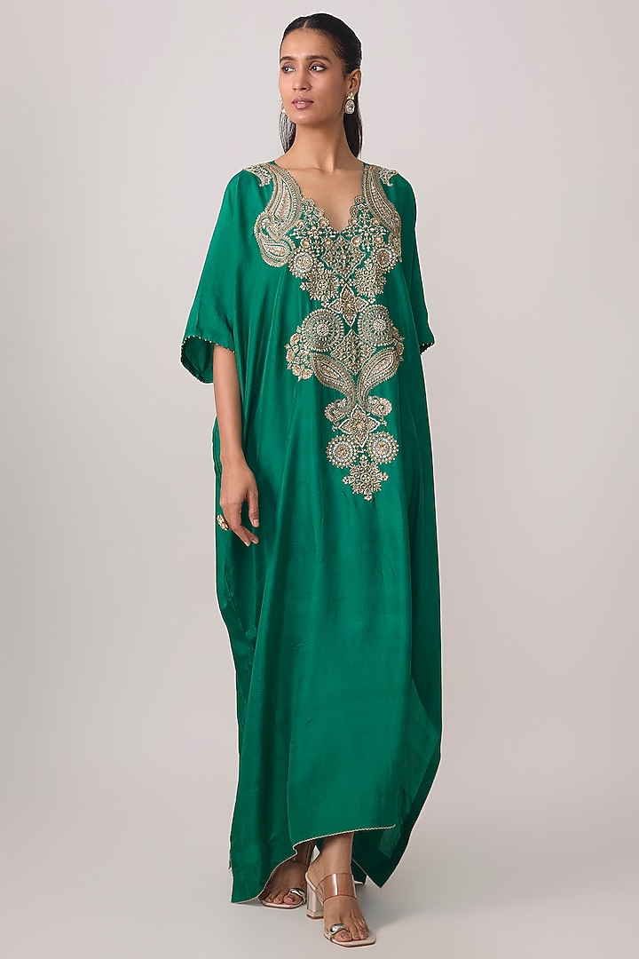 Rama Green Silk Paisley Embroidered Kaftan by Mrunalini Rao at Pernia's Pop Up Shop