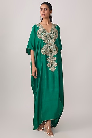 Rama Green Silk Paisley Embroidered Kaftan by Mrunalini Rao