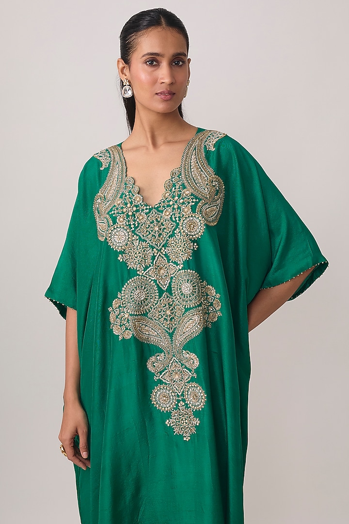 Rama Green Silk Paisley Embroidered Kaftan by Mrunalini Rao at Pernia's Pop Up Shop